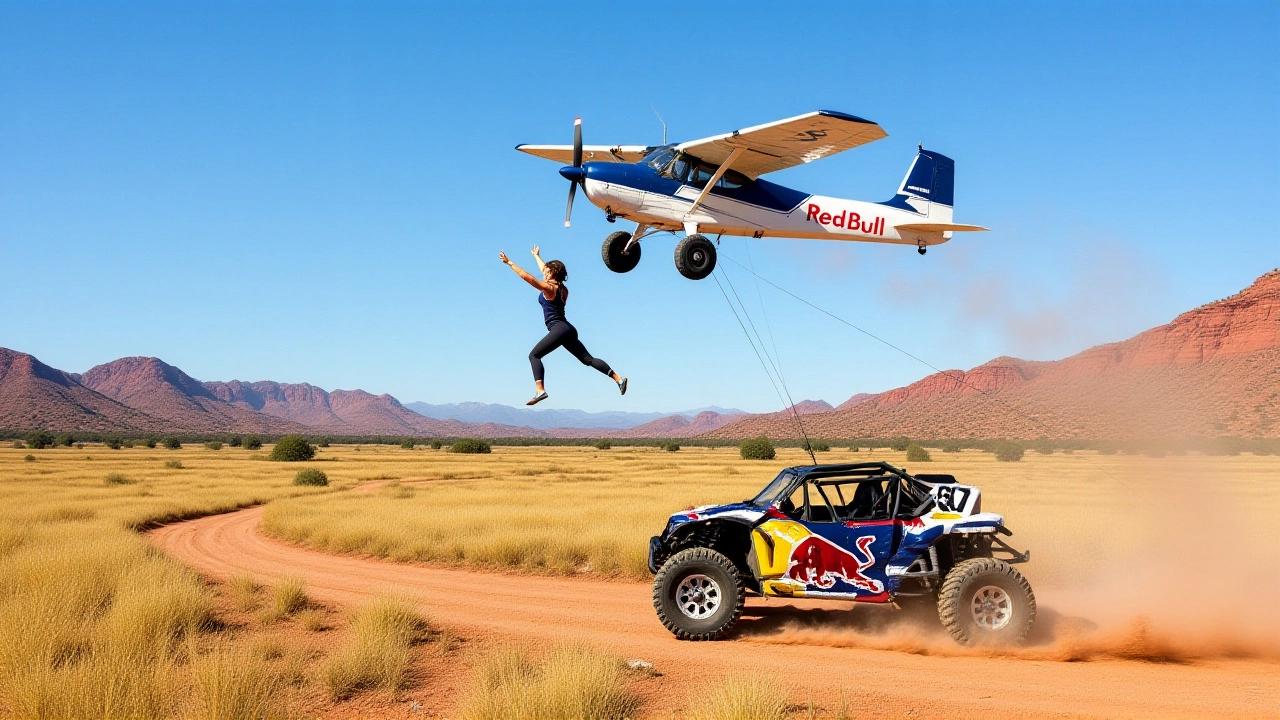 Mia Chapman drives UTV toward hovering plane in Utah canyon stunt
