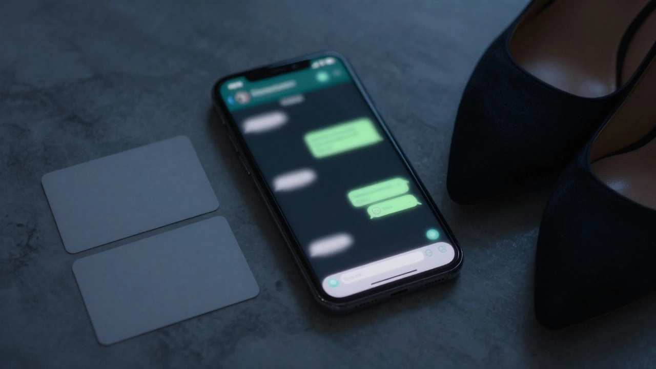 A smartphone screen glows in darkness beside a business card and heels, symbolizing discreet arrangements.