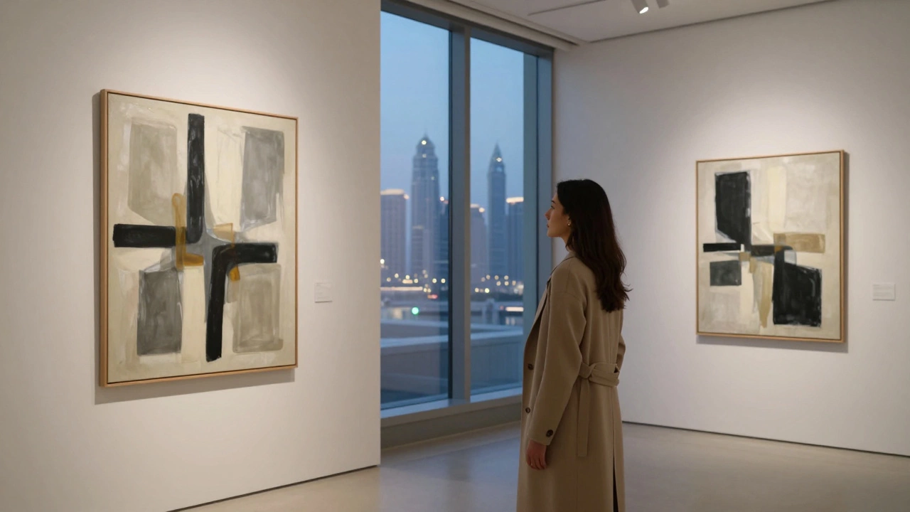A woman stands thoughtfully before an abstract painting in a Dubai art gallery, serene and alone.